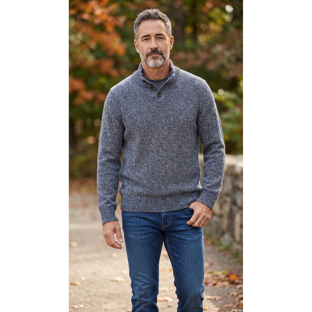 Mutual Weave Mens Marled Blue Mock Neck Button Henley‎ Sweater Size Large